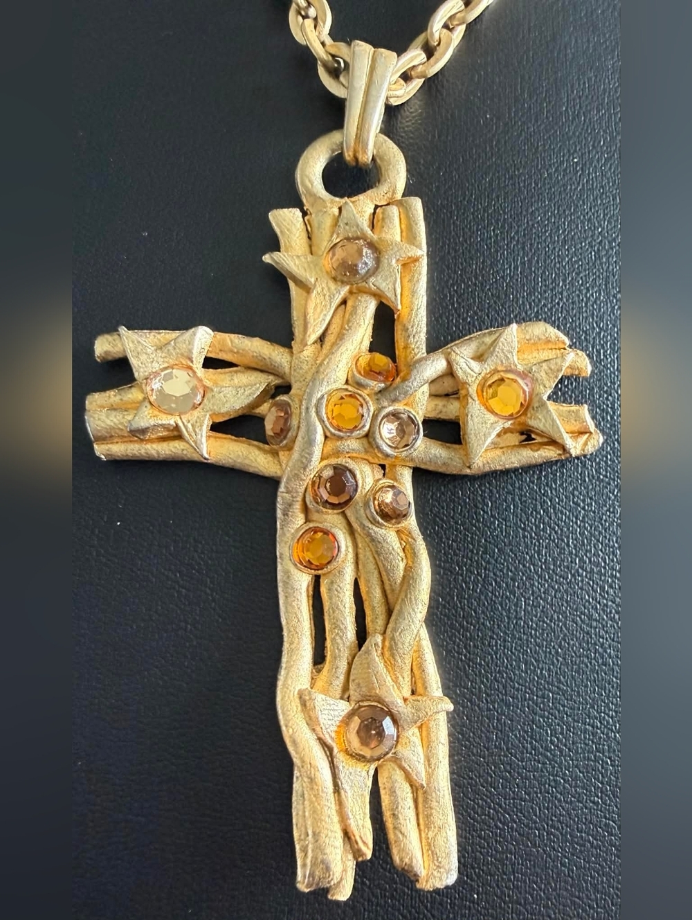 Jacky De G Gold Tone Decorative Cross Pendant with Amber Accents